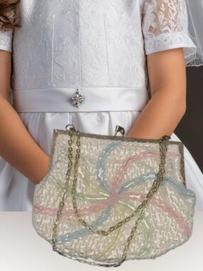 2/$25 Beaded White Pastel Floral Evening Bag with Gold Chain